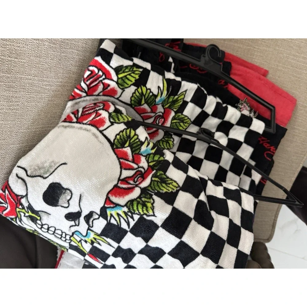 Ed Hardy Skull Roses Checkered Beach Towel 36x68 Cotton Black White NWT